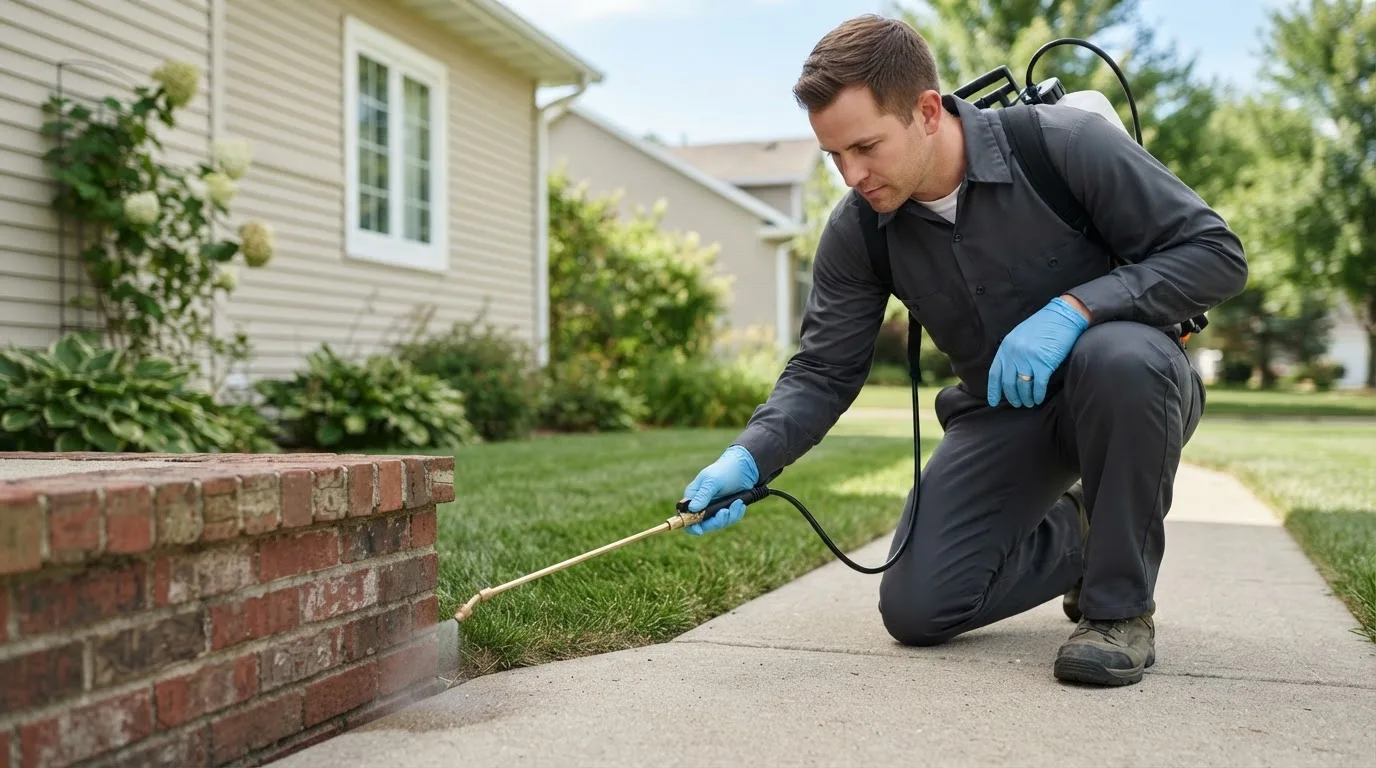 Pest control technician treating a home near Bassett, AR